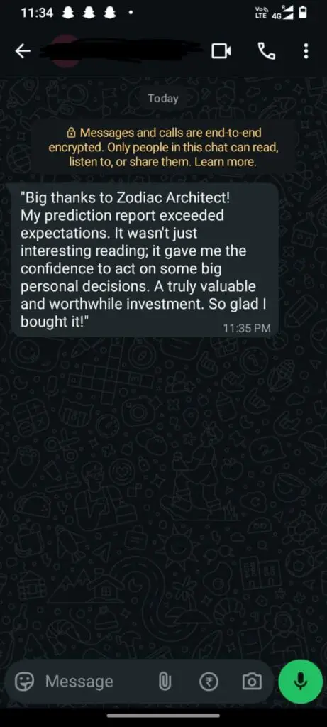 Customer review screenshot praising the accuracy, personalized insights, and value of the Zodiac Architect numerology prediction report.