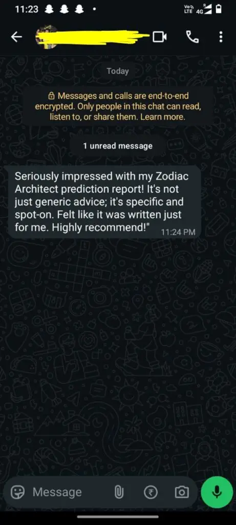 Customer review screenshot praising the accuracy, personalized insights, and value of the Zodiac Architect numerology prediction report.