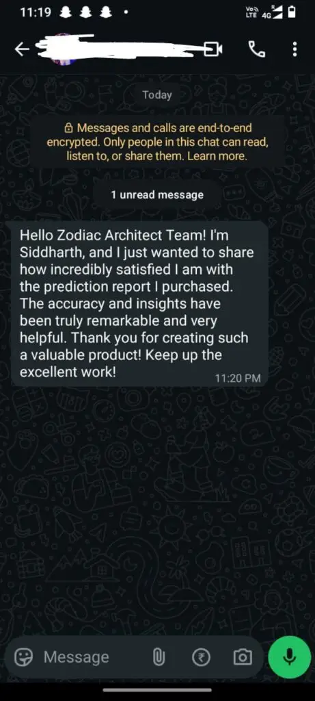 Customer review screenshot praising the accuracy, personalized insights, and value of the Zodiac Architect numerology prediction report.