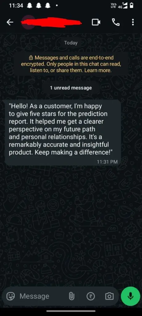 Customer review screenshot praising the accuracy, personalized insights, and value of the Zodiac Architect numerology prediction report.
